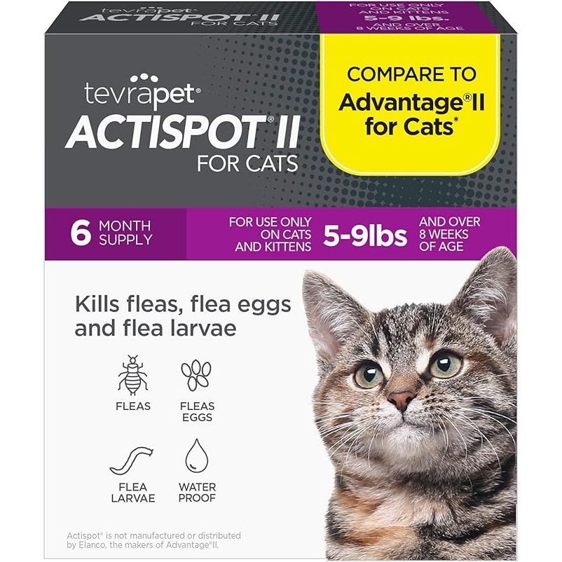 TevraPet Actispot II Flea Treatment is a highly effective topical solution designed specifically for small and medium cats weighing 5-9 lbs. This product comes in a pack of 6 doses, providing long-lasting protection against fleas and preventing re-infestation for up to 4 weeks.