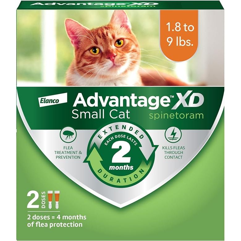 Advantage XD Small Cat Flea Prevention & Treatment is a topical medication designed for cats weighing between 1.8-9lbs. Each box contains 2 doses, providing 2 months of protection per dose. This medication effectively kills fleas at all life stages, preventing infestations and controlling existing ones.