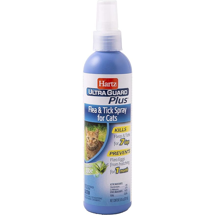 Hartz UltraGuard Plus Cat Flea & Tick Spray is an 8 oz spray designed to quickly and effectively kill fleas, ticks, and flea eggs on your cat. This spray is specifically formulated for use on cats and kittens 12 weeks of age and older, providing long-lasting protection for up to 30 days.