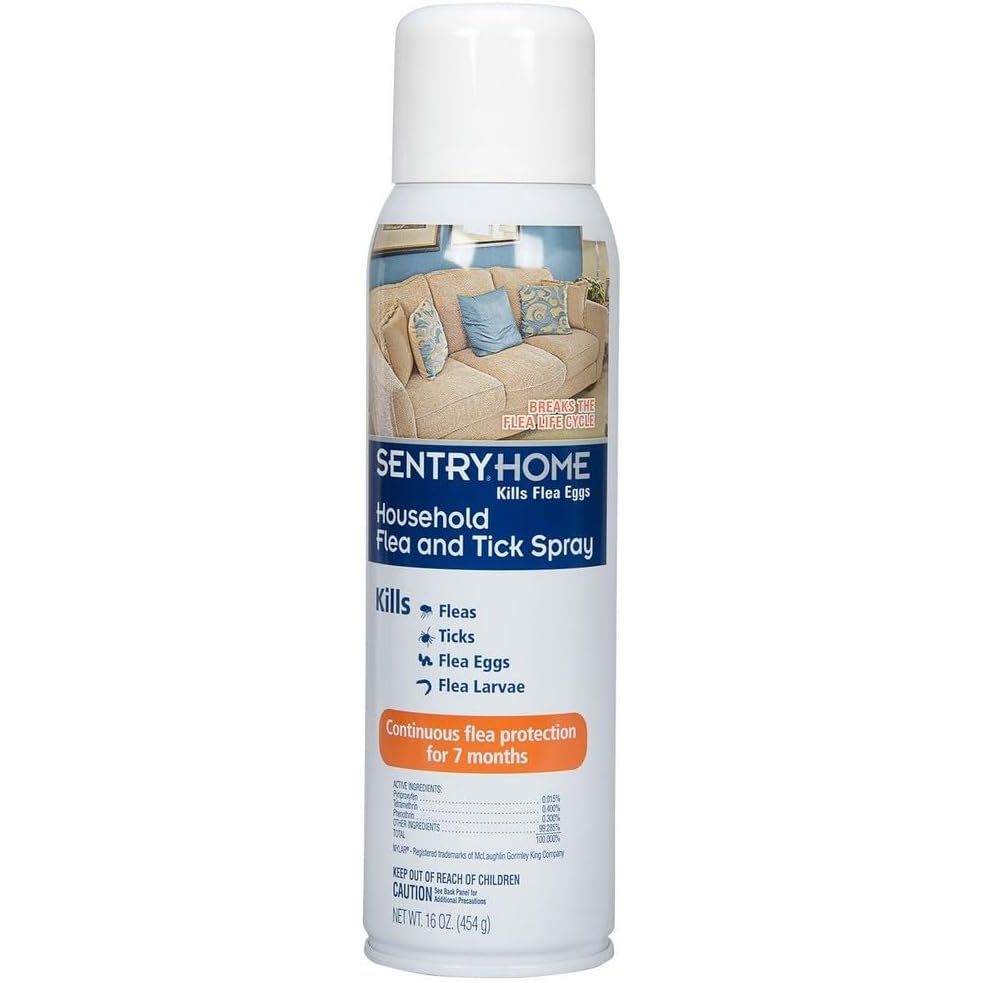 SENTRY HOME Household Flea and Tick Spray is a convenient and effective solution for protecting your home from fleas and ticks. This 16 oz spray can be used on carpets, upholstery, furniture, and other surfaces to kill and repel fleas, ticks, and their eggs.