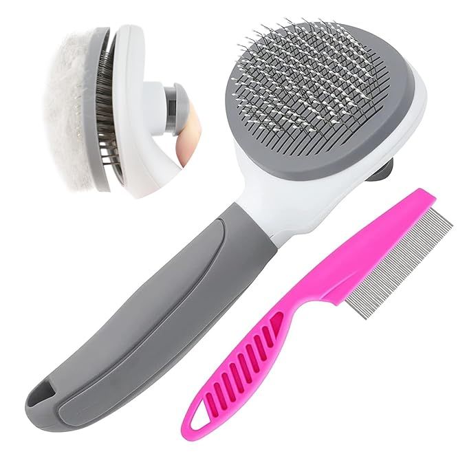 Cat Brushes for Indoor Cats, Dog Brush for Shedding with Metal Cat Comb is a versatile grooming tool designed for both cats and dogs. The brush features a metal cat comb that helps to remove loose hair and prevent shedding. The self-cleaning pet hair brush has a release button that makes grooming your pet quick and easy.