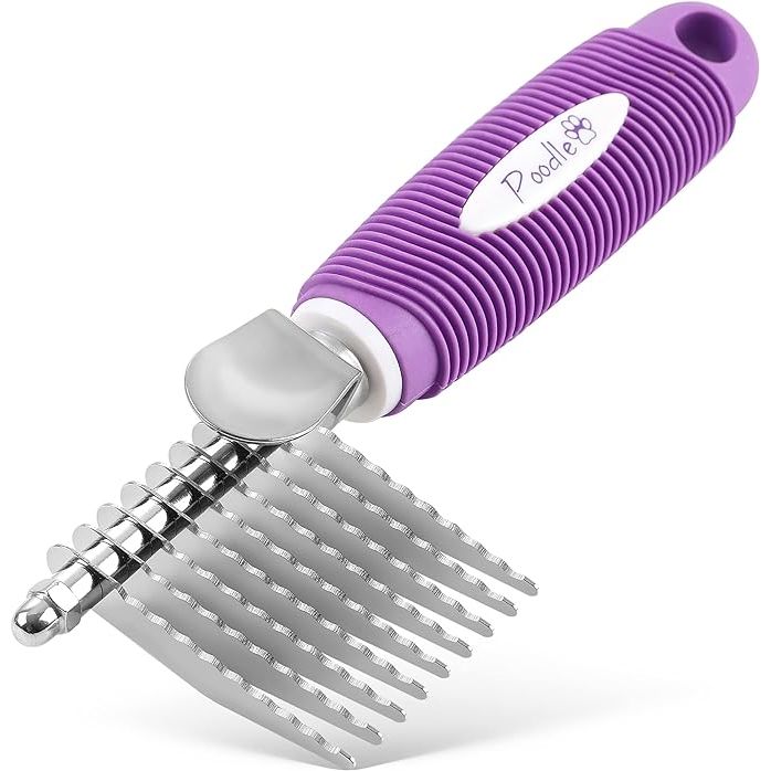 The Poodle Pet Dematting Fur Rake Comb Brush Tool is a grooming tool designed to help remove tough tangles and mats from your pet's fur. It features long 2.5" steel safety blades that effectively cut through knots and tangles without causing discomfort to your pet.