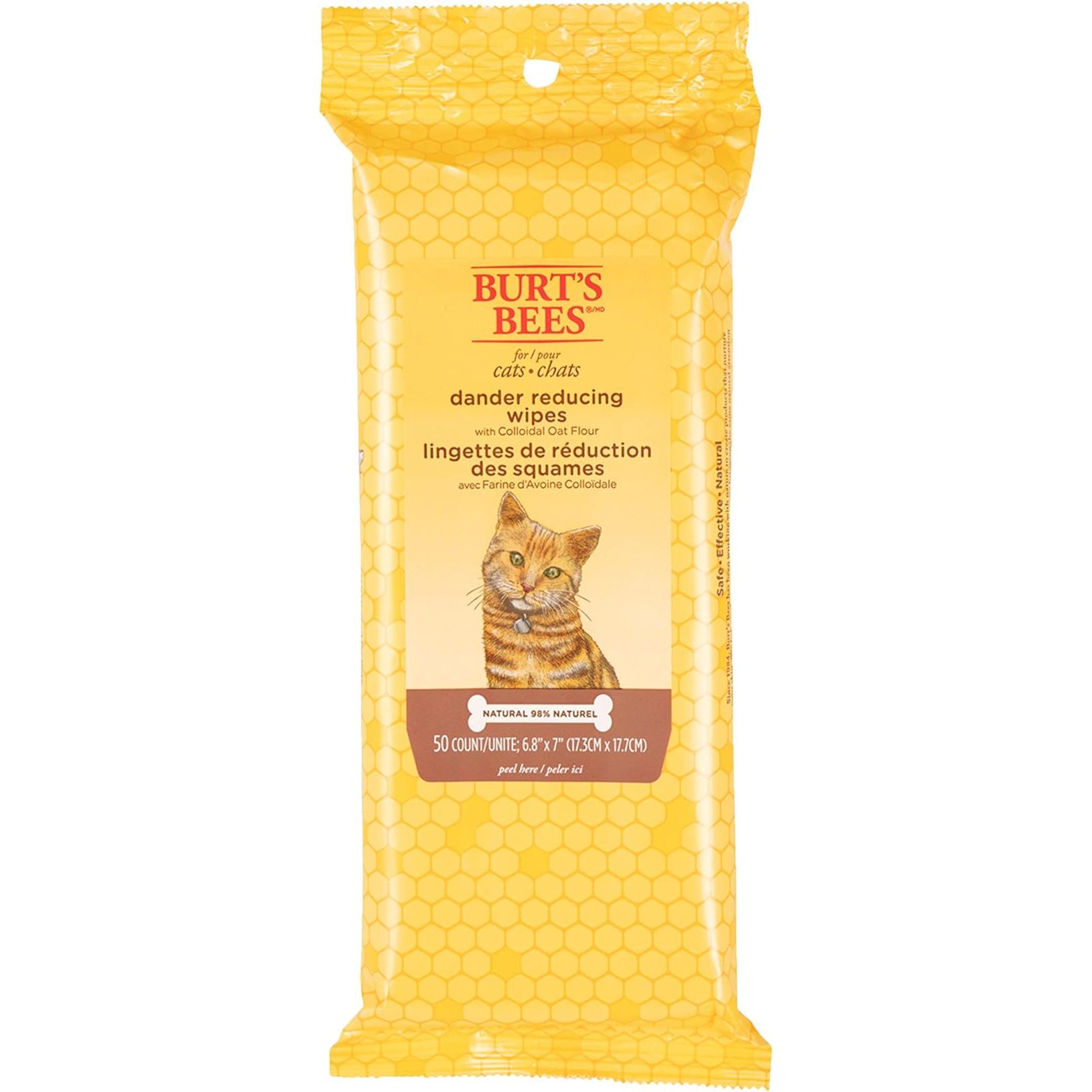 Burt's Bees for Pets Cat Natural Dander Reducing Wipes are specially formulated for cats to reduce dander and maintain a clean and healthy coat. Each pack contains 50 wipes that are gentle enough for kittens and cats of all ages. These wipes are made with natural ingredients and are cruelty-free, as well as free from sulfates and parabens.