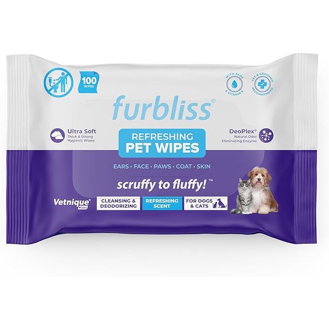 Vetnique Labs Furbliss Hygienic Pet Wipes are designed for both dogs and cats to provide a convenient solution for cleansing, grooming, and deodorizing pets. These hypoallergenic wipes are made with thick material for effective cleaning and are infused with an all-natural Deoplex deodorizer to leave pets smelling fresh and clean.