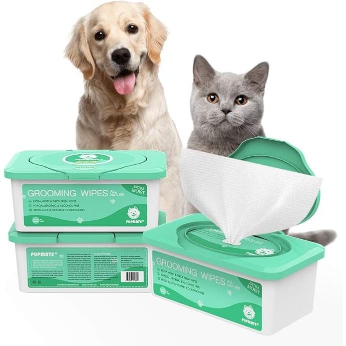 Pet wipes for dogs and cats are convenient and easy-to-use grooming products that help keep your pet clean and fresh in between baths. These wipes are designed to be extra moist and thick, making them perfect for removing dirt, dander, and odors from your pet's fur and skin.