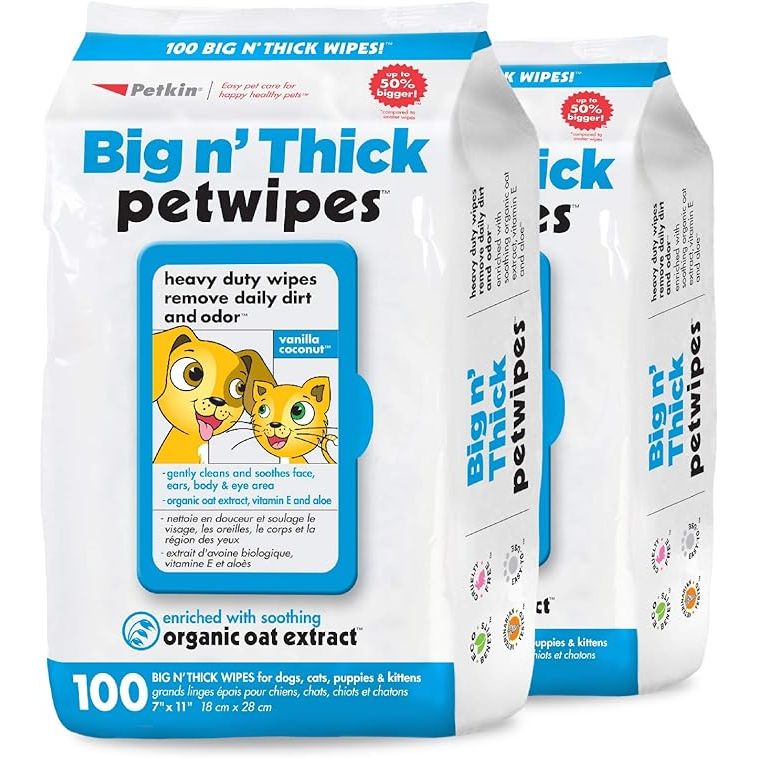 Petkin Large Pet Wipes are a convenient and effective way to keep your pets clean and fresh. The 200 count pack is perfect for both dogs and cats, providing you with plenty of wipes to use at home or while on the go.