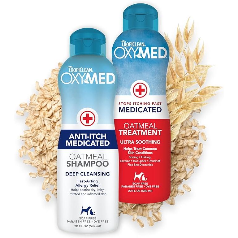 TropiClean Oxymed Medicated Cat & Dog Shampoo and Conditioner Set is specially formulated to provide relief for pets with itchy skin. This set includes a skin-soothing oatmeal shampoo and conditioner that work together to help alleviate the symptoms of dry, irritated skin.