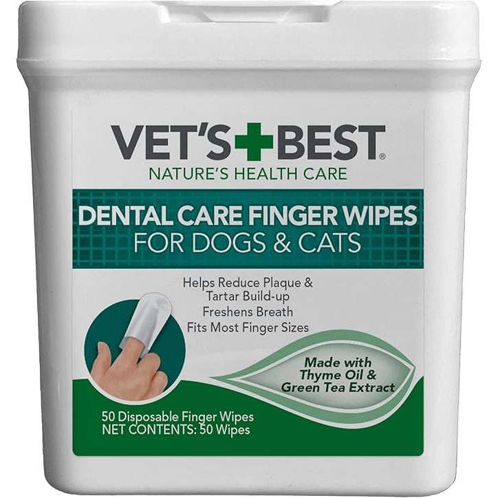 Vet's Best Dental Care Finger Wipes are specially designed for dogs and cats to reduce plaque and freshen breath. These convenient finger wipes make it easy to clean your pet's teeth without the need for brushing. Each pack contains 50 wipes, making it easy to maintain your pet's oral hygiene on a regular basis.