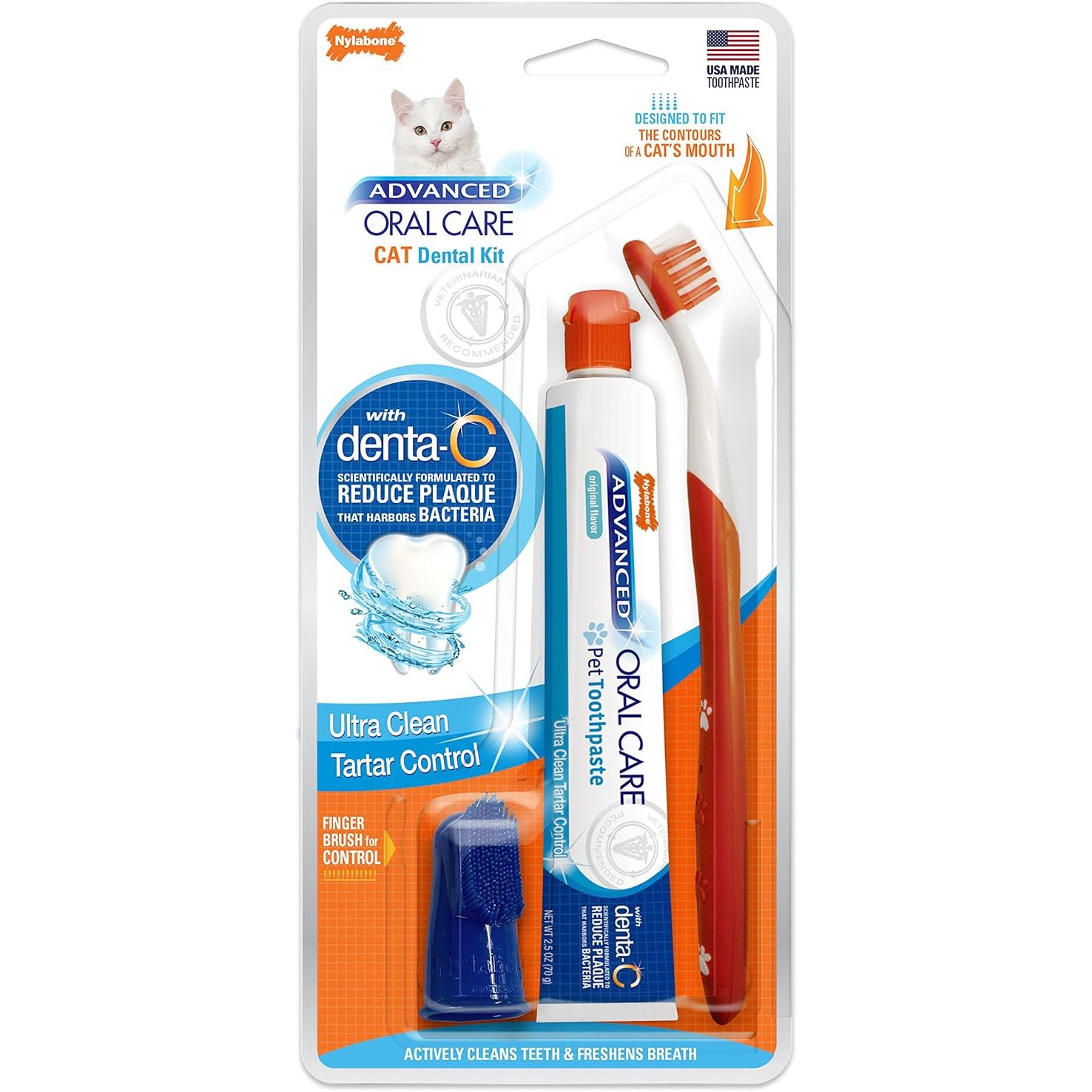 The Nylabone Advanced Oral Care Cat Dental Kit Original is a set of three dental hygiene tools designed to help promote your cat's oral health. It includes a toothbrush with an angled neck for easy access to your cat's teeth, a finger brush for gentle and thorough cleaning, and a tartar control toothpaste to help reduce plaque and freshen breath.