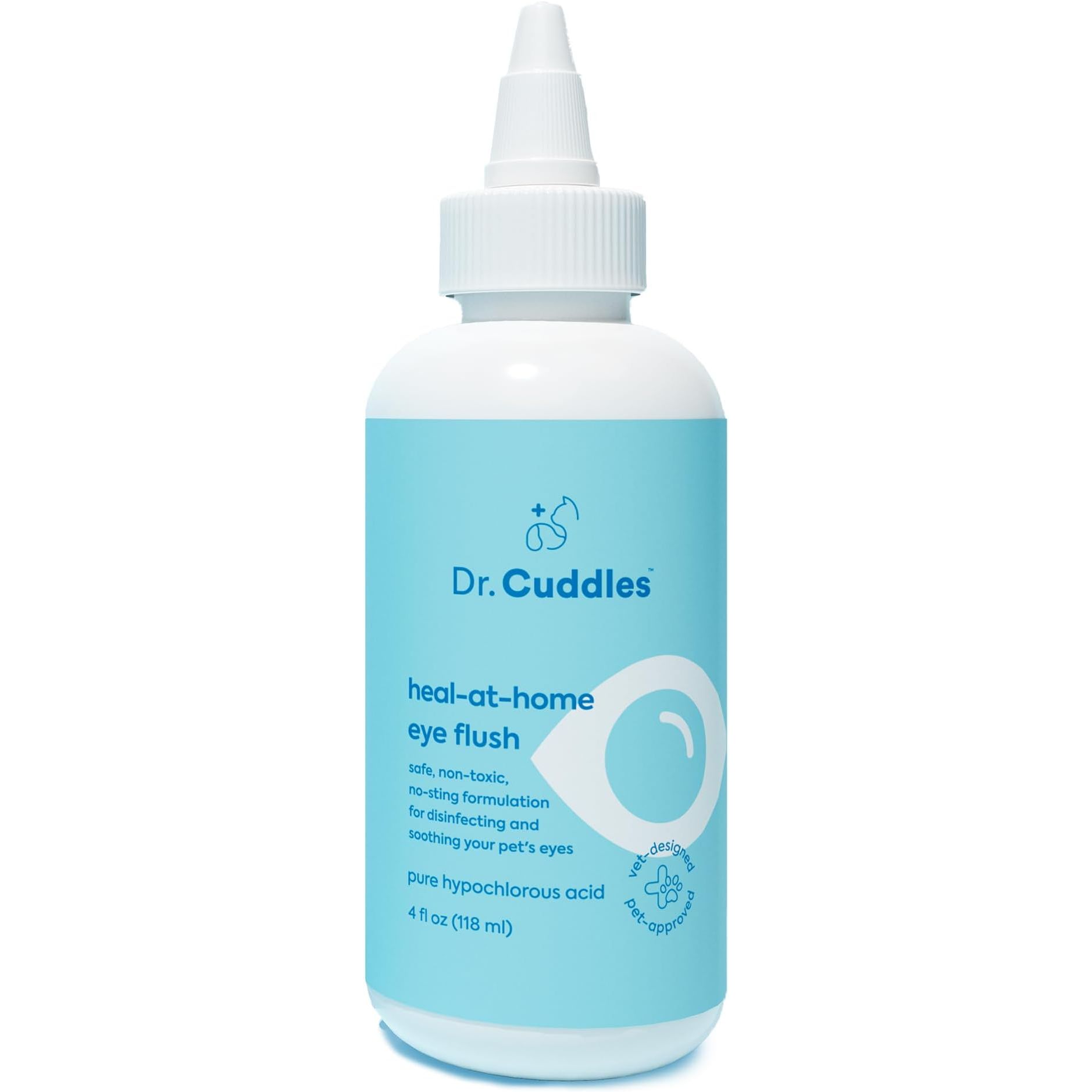 Dr. Cuddles Heal-at-Home Eye Flush is a non-toxic, no-sting ocular cleansing wash designed for dogs, cats, and other pets. Formulated by veterinarians, this product is made with pure hypochlorous acid, a gentle and effective ingredient for removing tear stains and keeping your pet's eyes clean and healthy.