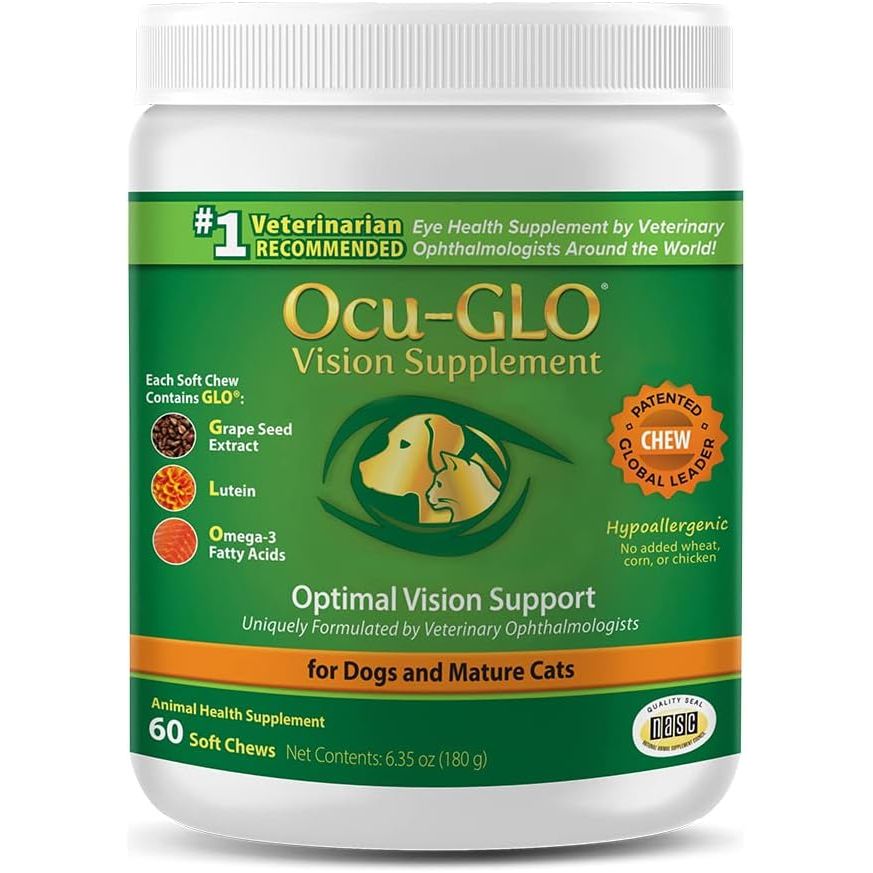 Ocu-GLO Cat & Dog Senior Supplement is a chewable vitamin designed to support eye health in large and small pets. It contains key ingredients such as Lutein, Omega-3 fatty acids, Grape Seed Extract, and antioxidants which are known for their beneficial effects on vision and overall eye health.