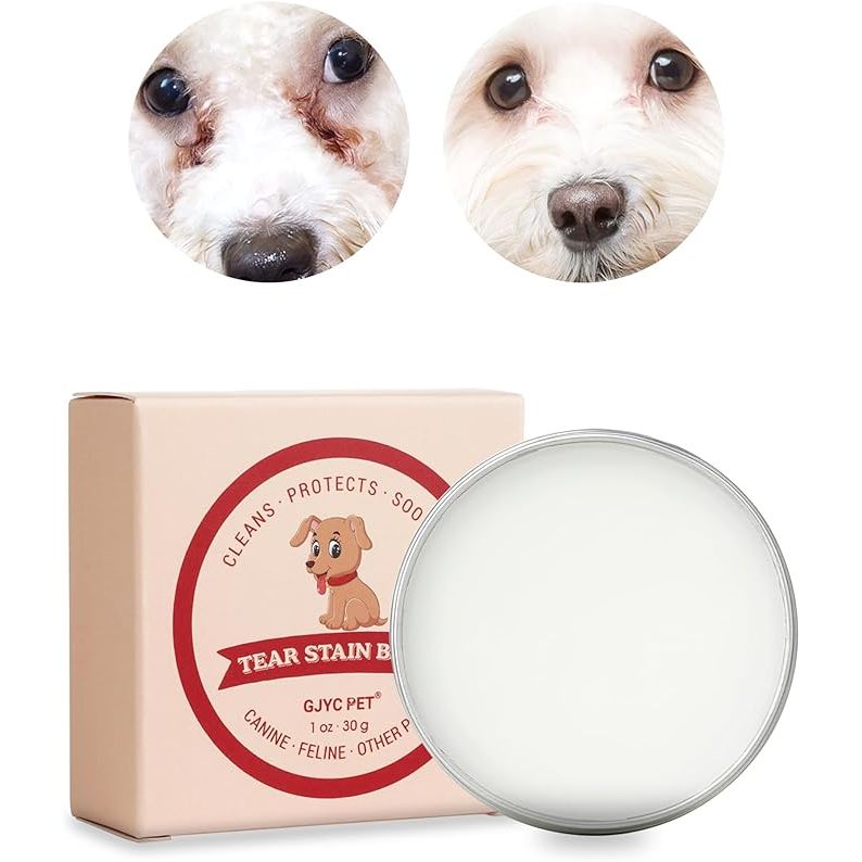 The Pet Tear Stain Remover Balm is a 1 oz (30g) natural, plant-based eye care product designed for both dogs and cats. This balm is formulated to gently cleanse and restore sparkling eyes by effectively removing tear stains that can develop around the eyes of pets.