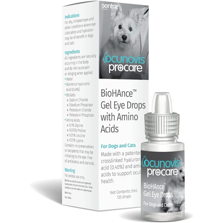 Sentrx Ocunovis ProCare Gel Eye Drops for Dogs & Cats is a specially formulated eye lube designed to moisturize and protect your pet's eyes. It contains essential amino acids that help maintain the health and integrity of the eye tissues, making it ideal for pets with dry eyes or allergies.