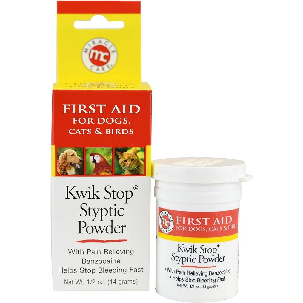 Kwik Stop Styptic Powder is a fast-acting blood stop powder designed for use on dogs, cats, and birds. It is commonly used to quickly stop bleeding from nail clipping or minor cuts, making it a useful tool for pet owners and groomers alike. This product comes in a convenient 0.