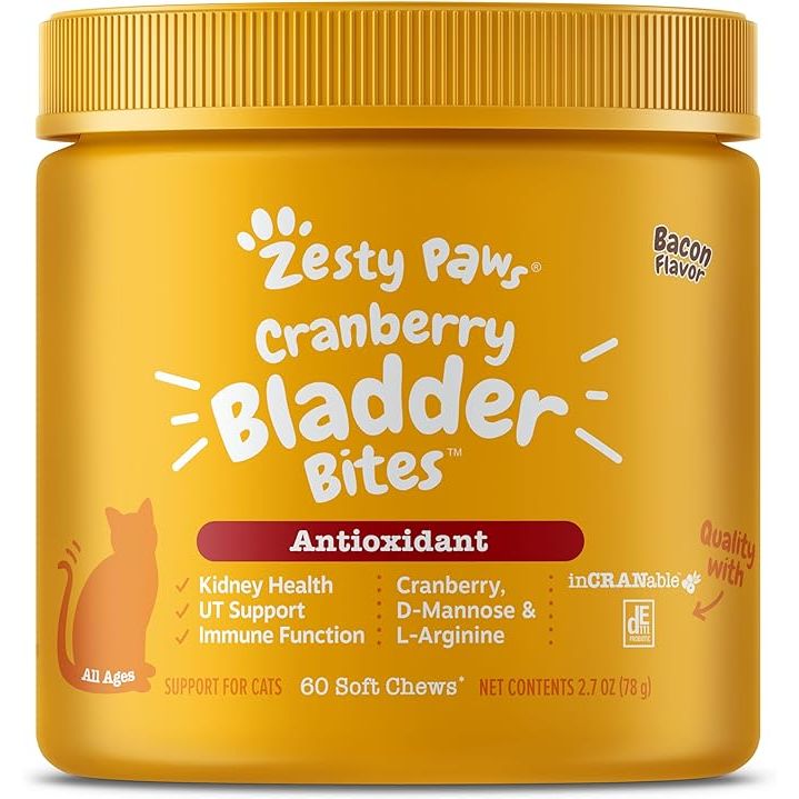 Zesty Paws Cranberry Bladder Bites for Cats are soft chews specifically formulated to support kidney and urinary tract health in cats. These chews contain ingredients like cranberry, D-Mannose, Vitamin B6, and L-Arginine, which work together to promote a healthy urinary system and prevent urinary tract infections.