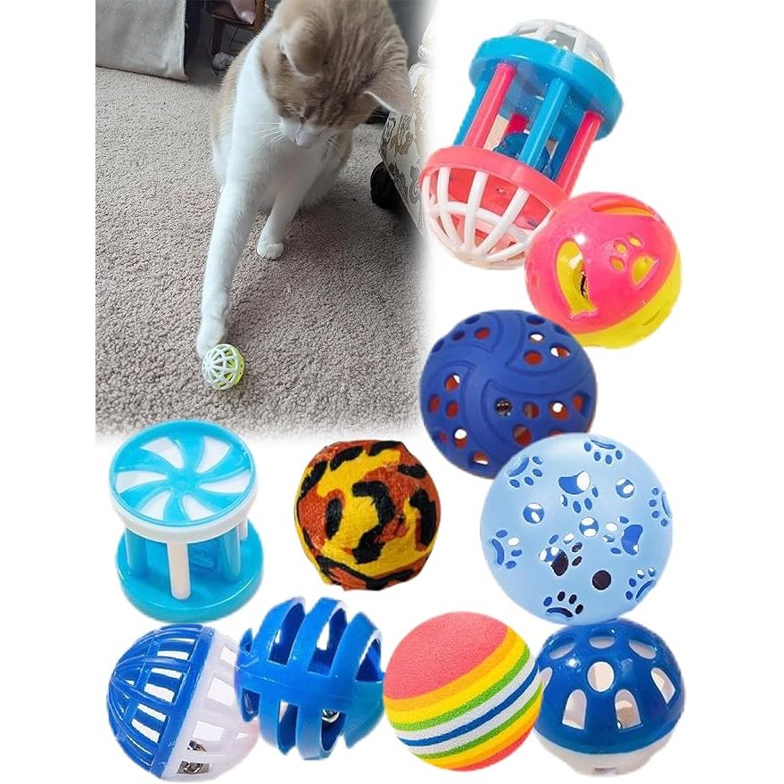 The 10 Pcs 1.5''~2.2'' Big Cat Toy Ball with Bell is a pack of ten toy balls designed for cats of all breed sizes. Each ball measures 1.5 to 2.2 inches in diameter, making them the perfect size for cats to play with and bat around. The balls are made of durable plastic lattice material, making them safe for cats to chew and play with.