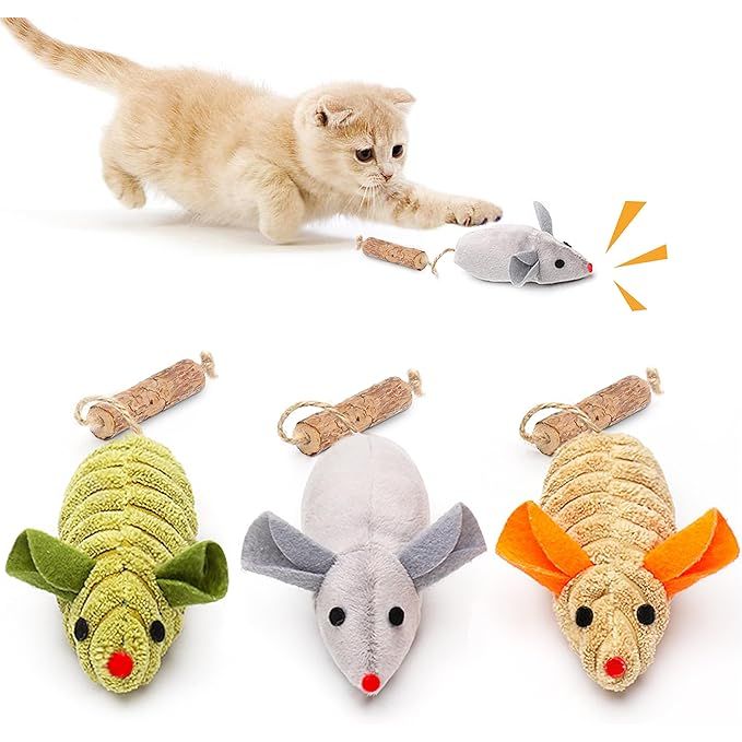 Make playtime fantastic for your feline friend with these plush squeaking mice toys. The lifelike mouse chirping sounds will beckon every bat, bite, chew, and chase, keeping your cat entertained for hours. The toys are stuffed with 100% pure, potent, and organic catnip, as well as silvervine tails to maximize your cat's excitement during playtime.