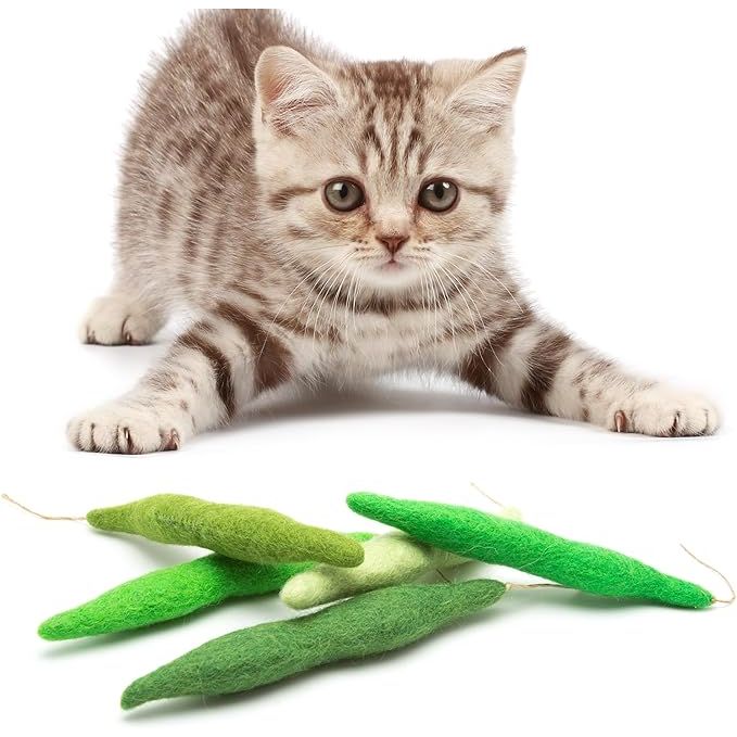 The Glaciart One Green Beans Cat Toy is a set of 5 soft and fuzzy cat toys made from 100% natural wool. These interactive toys are designed to provide enrichment and play for cats, with each toy containing catnip to entice and engage your furry friend.