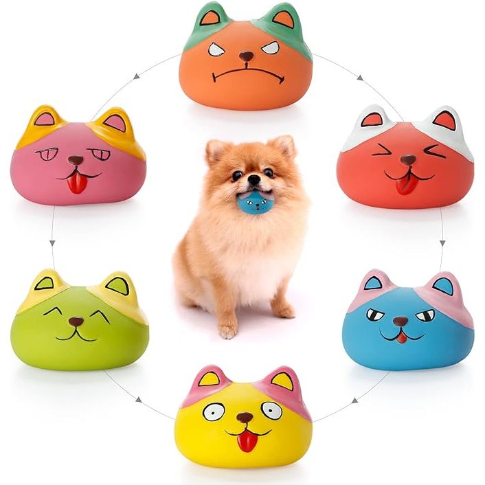 Squeaky Dog Toys Funny Animal Dog Balls for Puppy Small Pet Dogs 6 Pcs/Set (Cat) is a set of six small squeaky toys designed for small pets, particularly puppies. The toys are shaped like different animals, such as cats, and are brightly colored for visual stimulation. Each toy is made of soft and durable material to withstand chewing and play.