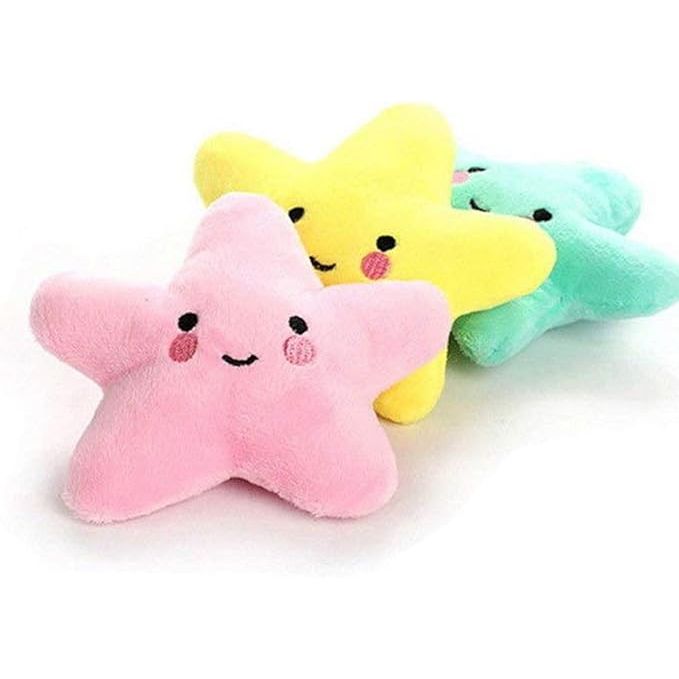 The Pet Bite Squeaky Toys Smile Star is a set of 3 cute stuffed toys designed for dogs and small animals to provide exercise and entertainment. These toys feature a BB sound that squeaks when chewed on, enticing pets to play and engage with the toys.