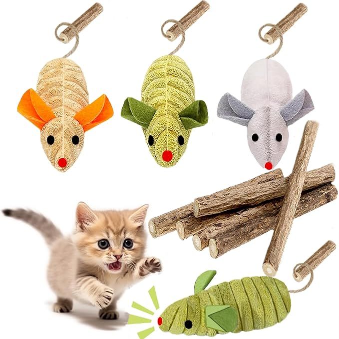 The 9Pcs Cat Toys set includes 3 squeak mice catnip toys and 6 silvervine chew stick dental chirping mouse plush toys. The catnip toys are designed to stimulate your cat's natural hunting instincts, providing hours of entertainment. The silvervine chew sticks are great for promoting dental health and helping to keep your cat's teeth clean.