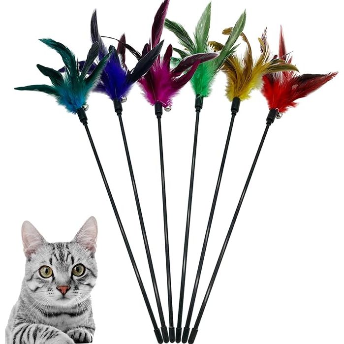 The Cat Wand Toy Feather Stick Cat Toys are a set of 6 interactive toys designed to provide indoor cats with hours of entertainment and exercise. Each toy features a feathered wand that mimics the movements of birds, encouraging cats to pounce, chase, and jump.