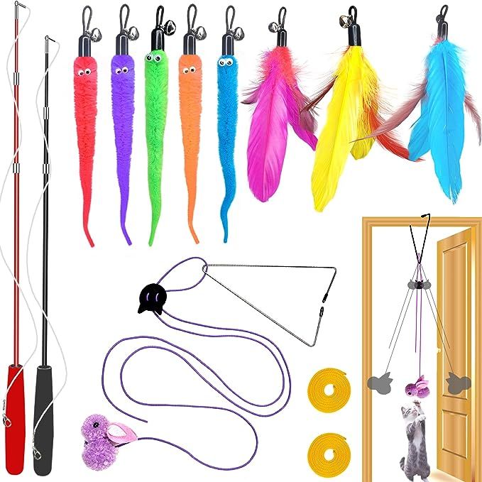 The Cat Toys Interactive for Indoor Cats set includes 2 retractable cat wand toys, 9 teaser toys, and 1 hanging door lure cat toy. These interactive toys are designed to provide hours of entertainment and exercise for your indoor cat.