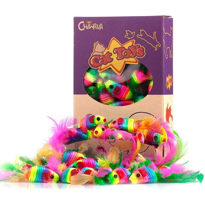 The CHIWAVA 24PCS 5" Rattle Cat Toys Mice with Feather Rainbow Rope Mouse Kitten Interactive Toy Assorted Color is a set of 24 colorful and interactive toys designed to keep your feline friend entertained and engaged. Each toy features a rattle inside to capture your cat's attention and encourage play.