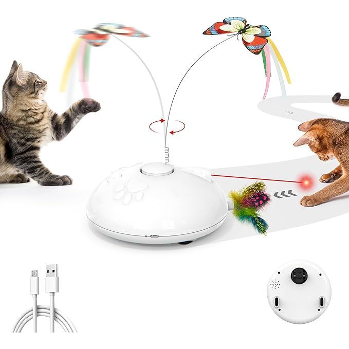 The Potaroma Electric Running Cat Laser Toy is an interactive and engaging toy designed to keep cats entertained and active. This 4-in-1 toy features a laser pointer, fluttering butterfly, colored feather, and an automatic running feature to keep cats engaged and stimulated.