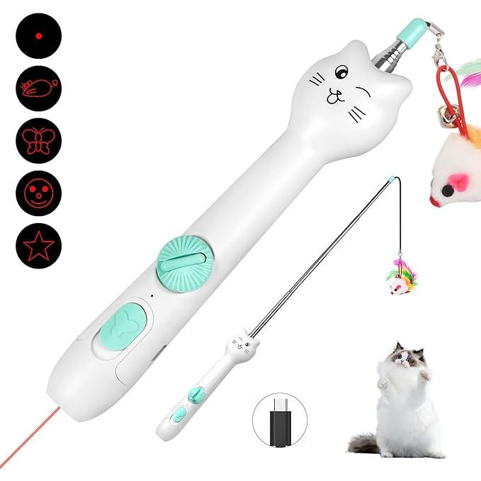 The Cat Toy Interactive is a versatile and entertaining toy designed to keep indoor cats and kittens actively engaged and entertained. This 2-in-1 toy combines a rechargeable laser pointer and a cat wand with a feather toy, providing a variety of ways to play and interact with your feline friend.