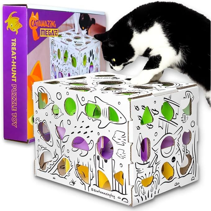 The MEGA Cat Treat Puzzle Box is an interactive treat maze designed to challenge and entertain indoor cats. This puzzle feeder is designed to stimulate a cat's natural hunting instincts, providing mental and physical enrichment.