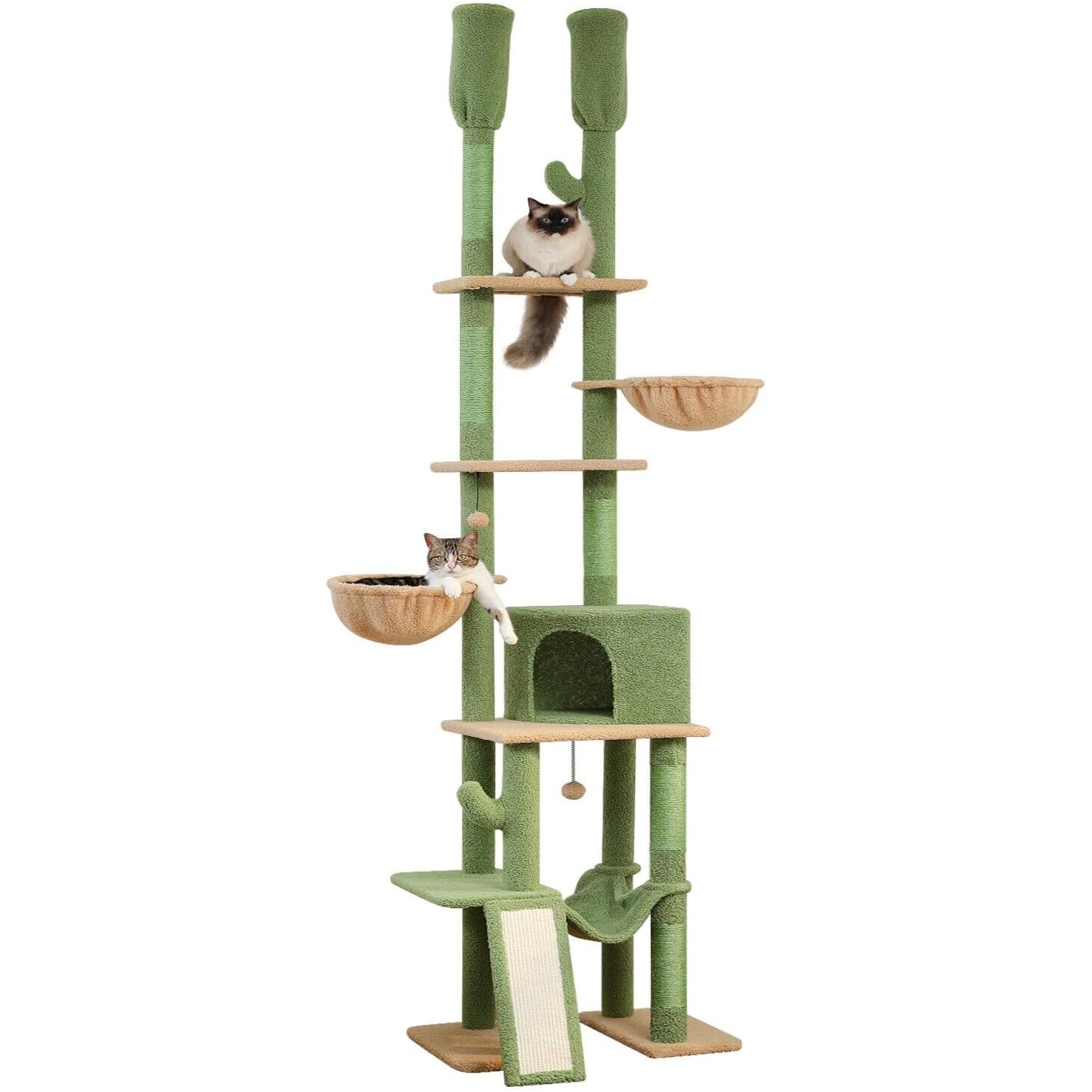 The PAWZ Road Cactus Cat Tree is a tall and sturdy floor to ceiling cat tower that can be adjusted to heights between 85 to 112 inches, making it perfect for cats of all sizes. It features 7 tiers of climbing and play areas, including cozy hammocks, 5 platforms, and scratching posts to keep your indoor cat entertained and engaged.