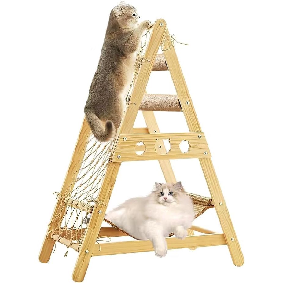 The Cat Tower for Indoor Cats is a multi-functional piece of furniture that provides entertainment and comfort for your feline friend. This cat tower features a hammock for lounging, a scratching post for keeping claws in check, a climbing web for adventurous play, and a dangling sisal ball for batting around.