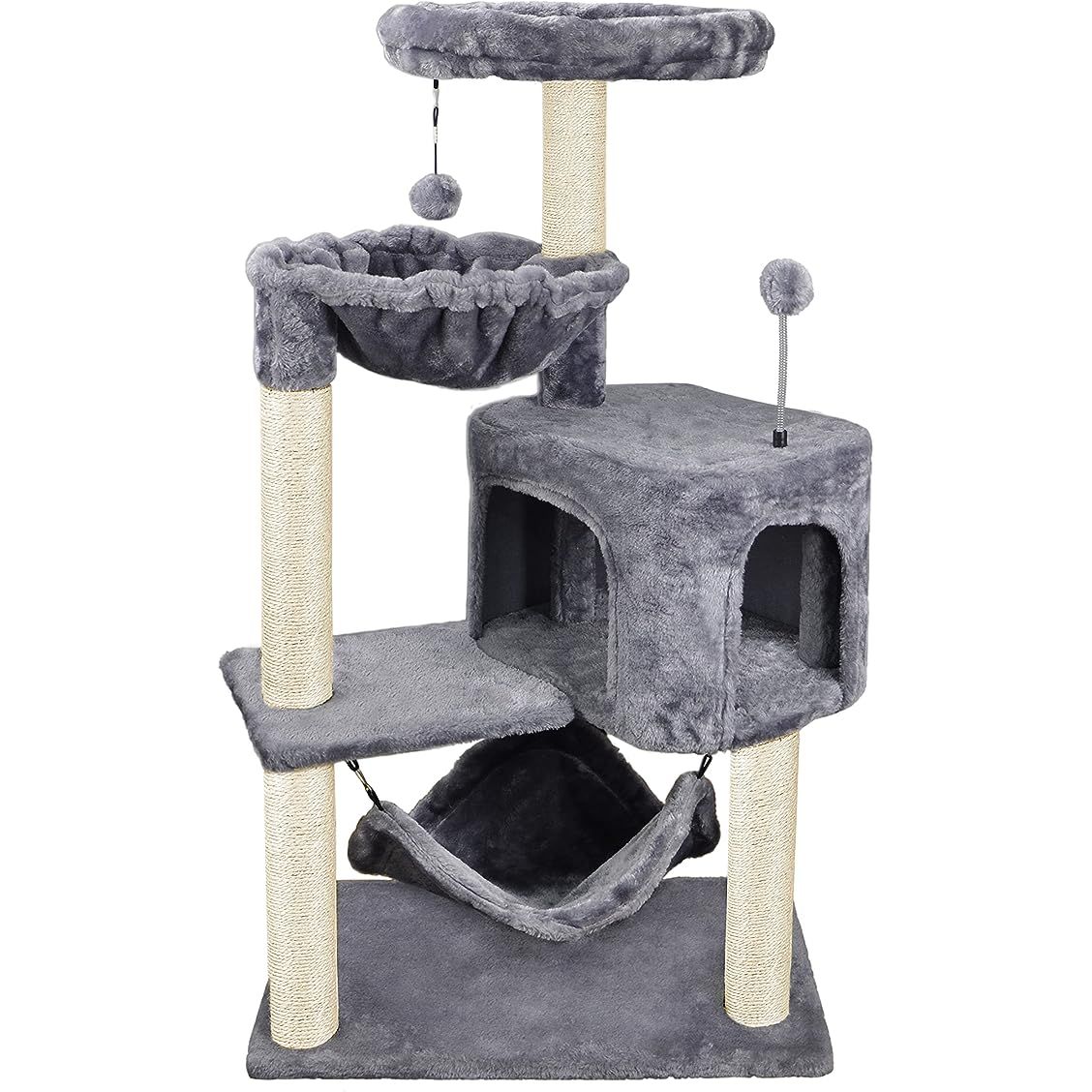 Introducing the perfect cat tree for your furry feline friend! With an overall size of 22.44"x13.78“x39.37"H, this cat tree is the ideal addition to any home. The big base board provides stability, while the high quality faux fur and natural sisal posts are durable for long-term scratching.