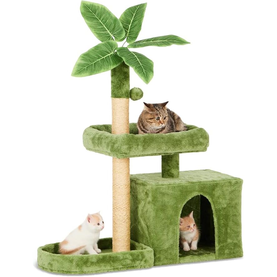 This 31.5" Cat Tree/Tower is the perfect indoor playground for your feline friend. The design features green leaves, a cozy plush cat house, a hanging ball, and leaf-shaped accents that will keep your cat entertained for hours. The cat condo provides a safe and comfortable space for your pet to relax, play, and scratch.