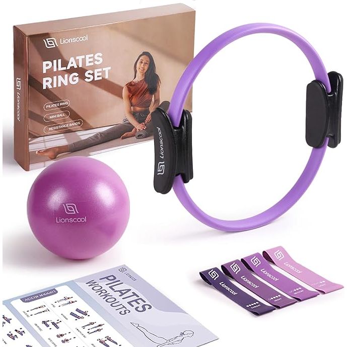 Elevate your at-home Pilates practice with the LIONSCOOL Pilates Ring Set, which includes essential props such as a Pilates ring, mini ball, and resistance bands. The 14-inch Pilates ring is made with high grade fiberglass for superior durability and resistance, with comfortable foam padding on the handles for a soft grip.