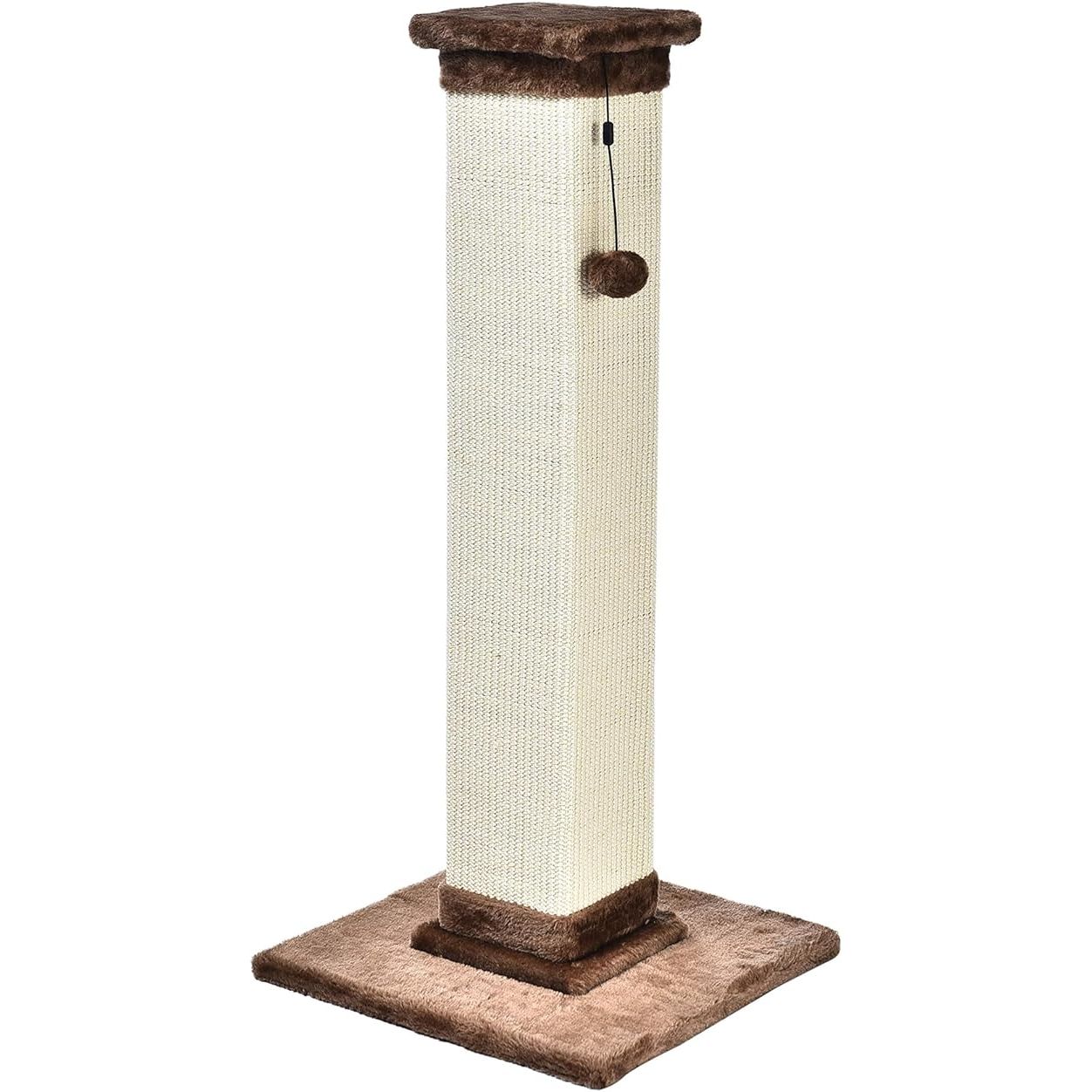 The Amazon Basics Tall Cat Scratching Post is a durable and sturdy option for your feline friend. Standing at 35.43 inches tall, this scratching post provides ample space for your cat to stretch and scratch. It is made with jute fiber and brown carpet, which are materials that are long-lasting and designed to withstand scratching.