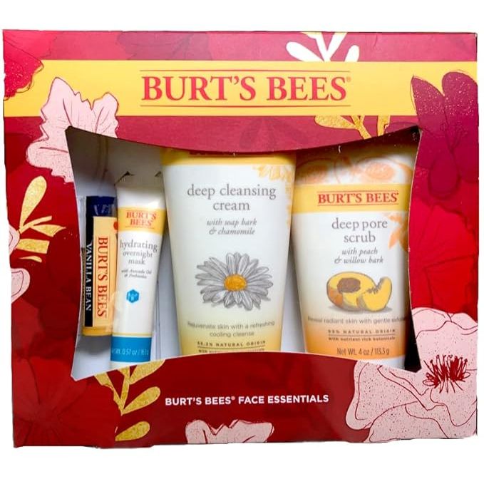 The Burt's Bees Face Essentials 4pc. Fall Gift Set includes four essential products for a complete skincare routine. The set contains a Deep Cleansing Cream, Deep Pore Scrub, Hydrating Overnight Mask, and Vanilla Bean Lip Balm.