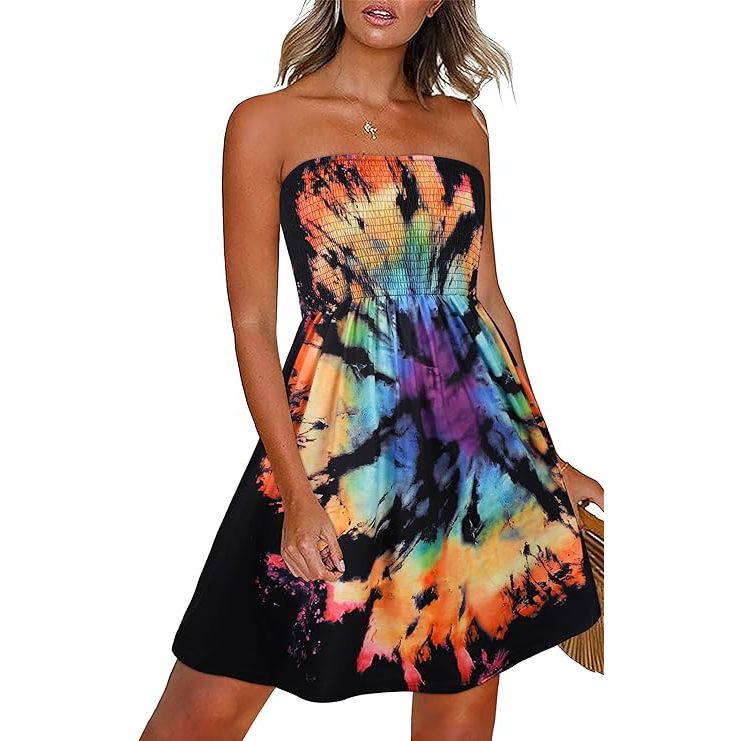 Made from lightweight and breathable materials, this sundress is comfortable to wear in hot weather and perfect for keeping cool while still looking fashionable. The loose and flowy fit of the dress makes it easy to move in and ideal for pairing with sandals or flip flops for a casual and laid-back summer look. Whether you're lounging by the pool, strolling along the beach, or heading to a summer party, the CHICGAL Strapless Boho Floral Print Sundress is a versatile and stylish choice for any summer occasion. Description by ChatGPT.