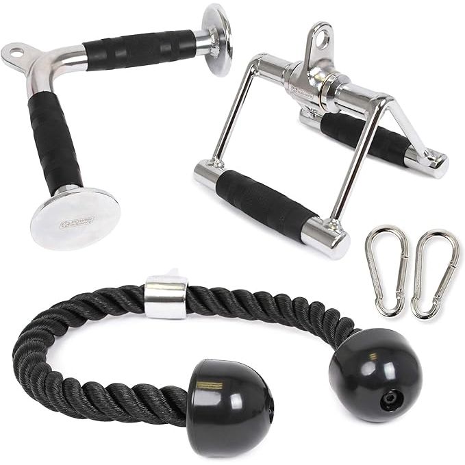 The POWER GUIDANCE Triceps Pull Down Attachment is a cable machine accessory designed for home gyms to target and strengthen the triceps muscles. This attachment is compatible with most cable machines and features a durable nylon strap and sturdy D-ring for secure and stable use during workouts.