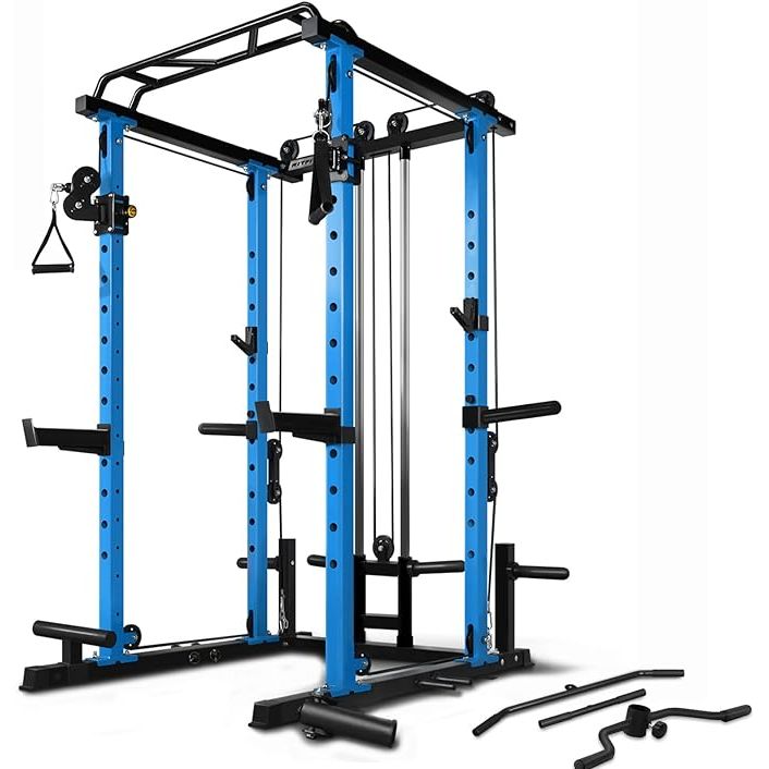 The RitFit Multi-function Squat Rack Power Cage PPC03 is a versatile piece of equipment designed for strength training at home or in a garage gym. This power rack has a 1000lbs weight capacity, making it suitable for heavy lifting and a variety of exercises such as squats, bench presses, and pull-ups.