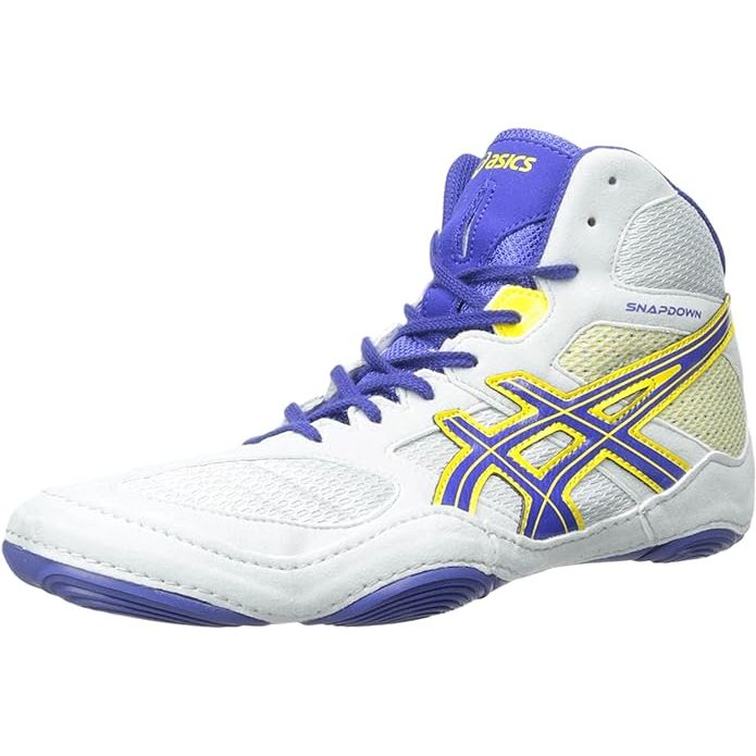 The ASICS Men's Snapdown Wrestling Shoe is designed specifically for the needs of wrestling athletes. It features a durable and lightweight construction, with a lace-up closure for a secure fit during intense matches. The shoe is made with a blend of synthetic materials and a rubber sole for maximum traction on the mat.