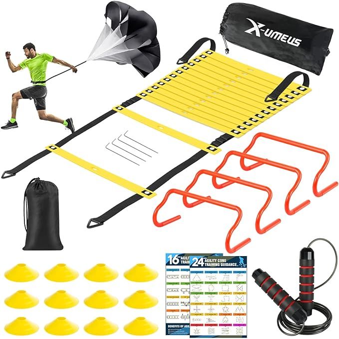 Enhance your speed, agility, and coordination with this comprehensive Agility Training Equipment Kit. Perfect for athletes of all levels, this set includes a 20-foot advanced agility ladder, 4 adjustable stakes, 4 agility hurdles, 12 yellow disc soccer cones, and a running parachute.