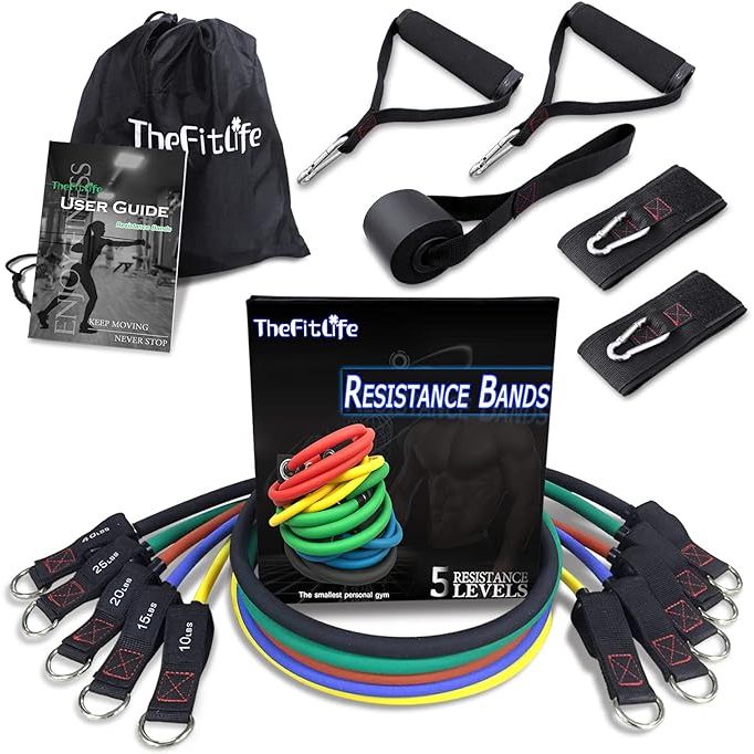 TheFitLife Exercise Resistance Bands with Handles is a set of 5 fitness workout bands that are stackable to provide a maximum resistance of 110, 150, 200, 250, and 300 lbs. These resistance bands are a versatile and effective tool for strength training, muscle toning, and rehabilitation exercises.