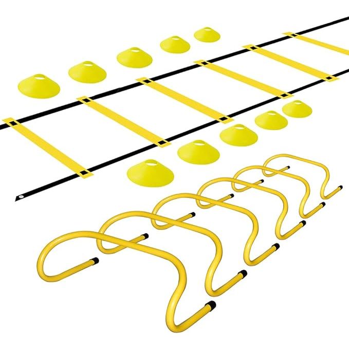 The Agility Ladder and Disc Cones Training Set is a versatile and essential tool for athletes looking to improve their speed, agility, and overall fitness. The set includes an adjustable ladder with 12 durable plastic rungs that can be customized to fit your desired workout intensity.