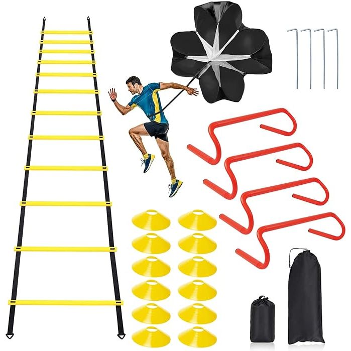 The Speed & Agility Ladder Training Equipment Set is designed to improve the speed, agility, and overall athletic performance of football, soccer, and basketball athletes. The set includes a 12-rung 20ft agility ladder, 4 agility hurdles, 12 disc cones, and a resistance parachute.