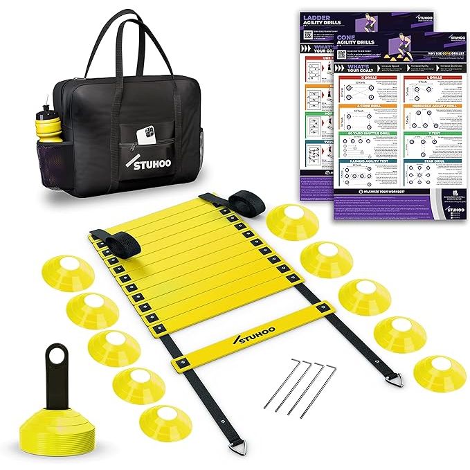 Agility ladder is a popular training tool used in various sports, including soccer and football, for improving footwork, speed, and coordination. It consists of a series of rungs that are placed on the ground in parallel lines, with athletes moving quickly and precisely through them.