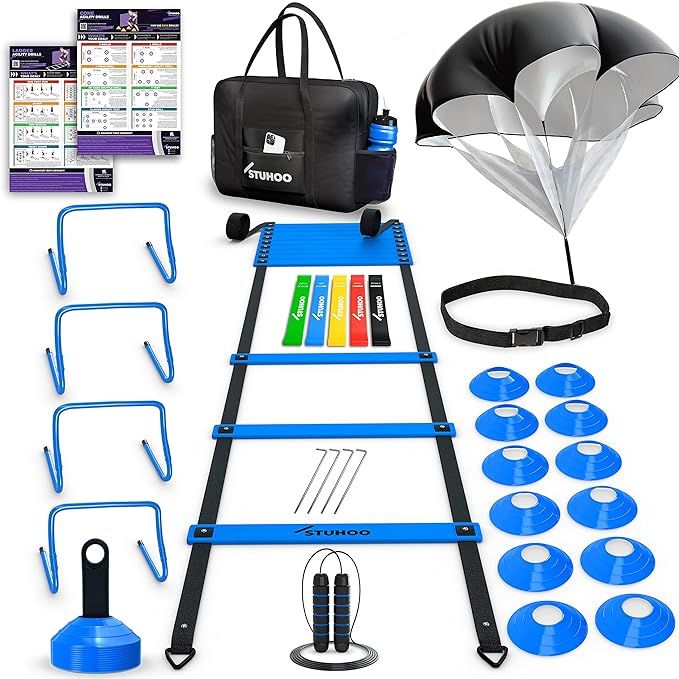 Agility training equipment sets are designed to help improve a player's footwork, speed, agility, and overall athleticism in sports such as soccer and football. These sets typically include items such as agility ladders, hurdles, cones, and speed training equipment.