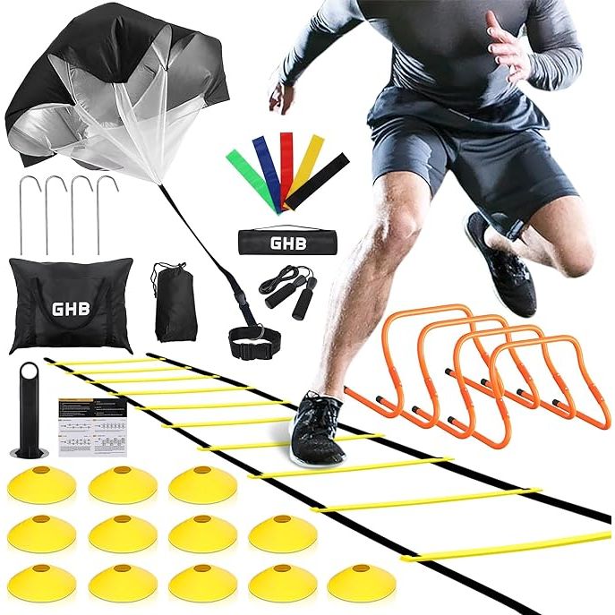 The GHB Agility Ladder Football Training Equipment Set is a comprehensive set designed to improve agility, speed, and overall performance on the football field. The set includes a 20 feet 12 rungs speed ladder, perfect for improving footwork and coordination. Additionally, four agility hurdles are included to practice jumping and quick movements.