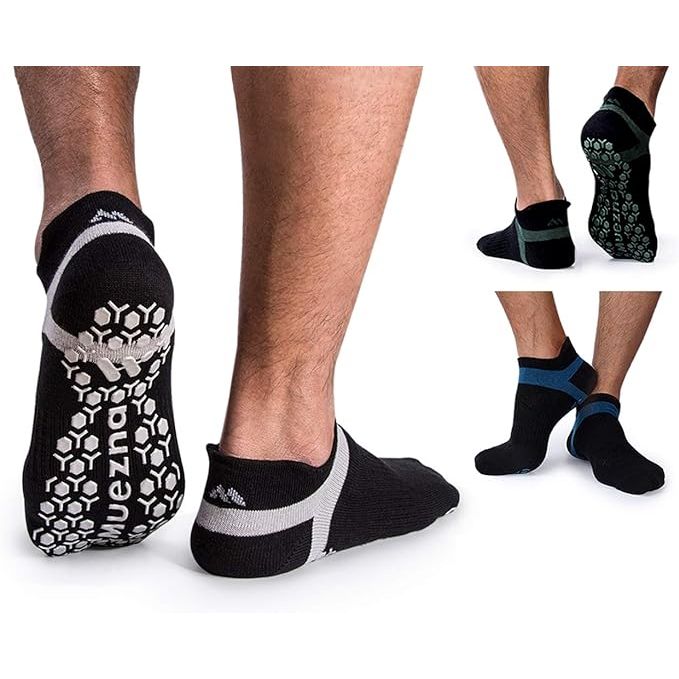 Muezna Men's Non-Slip Yoga Socks are specially designed for activities like yoga, Pilates, barre, Bikram, and fitness to provide superior grip and stability. These socks feature anti-skid grips on the sole to prevent slipping and sliding during workouts, ensuring a safe and effective practice.